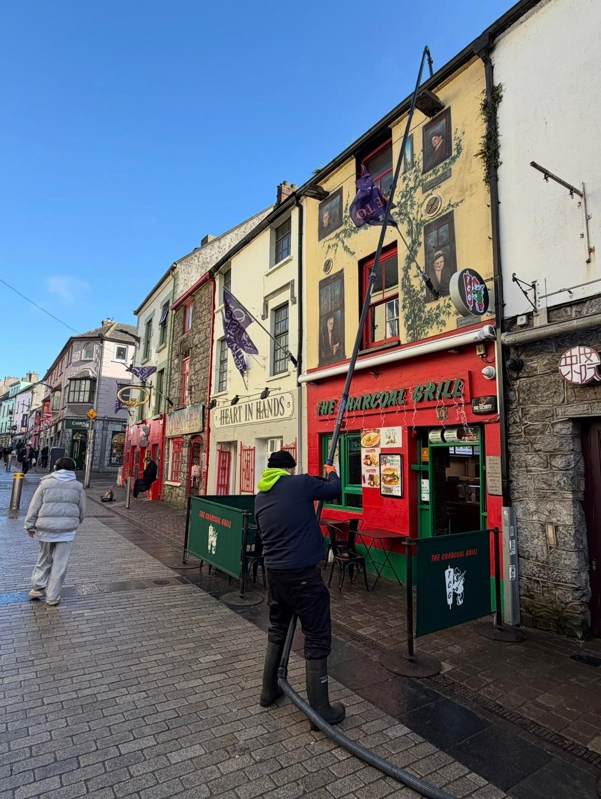 Commercial gutter cleaning in Galway city centre using a high reach vacuum system