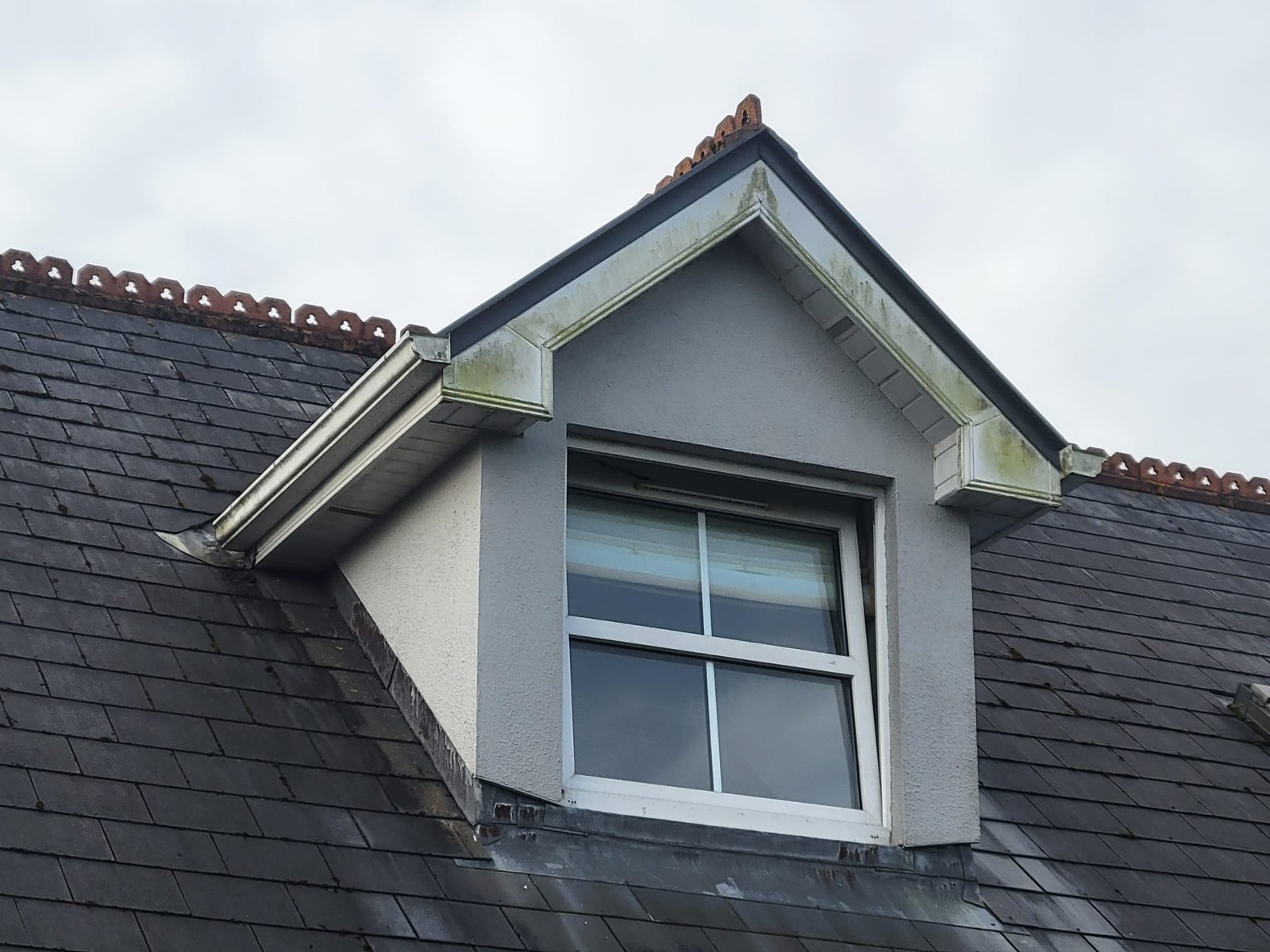 Green staining on the white dormer fascia before cleaning