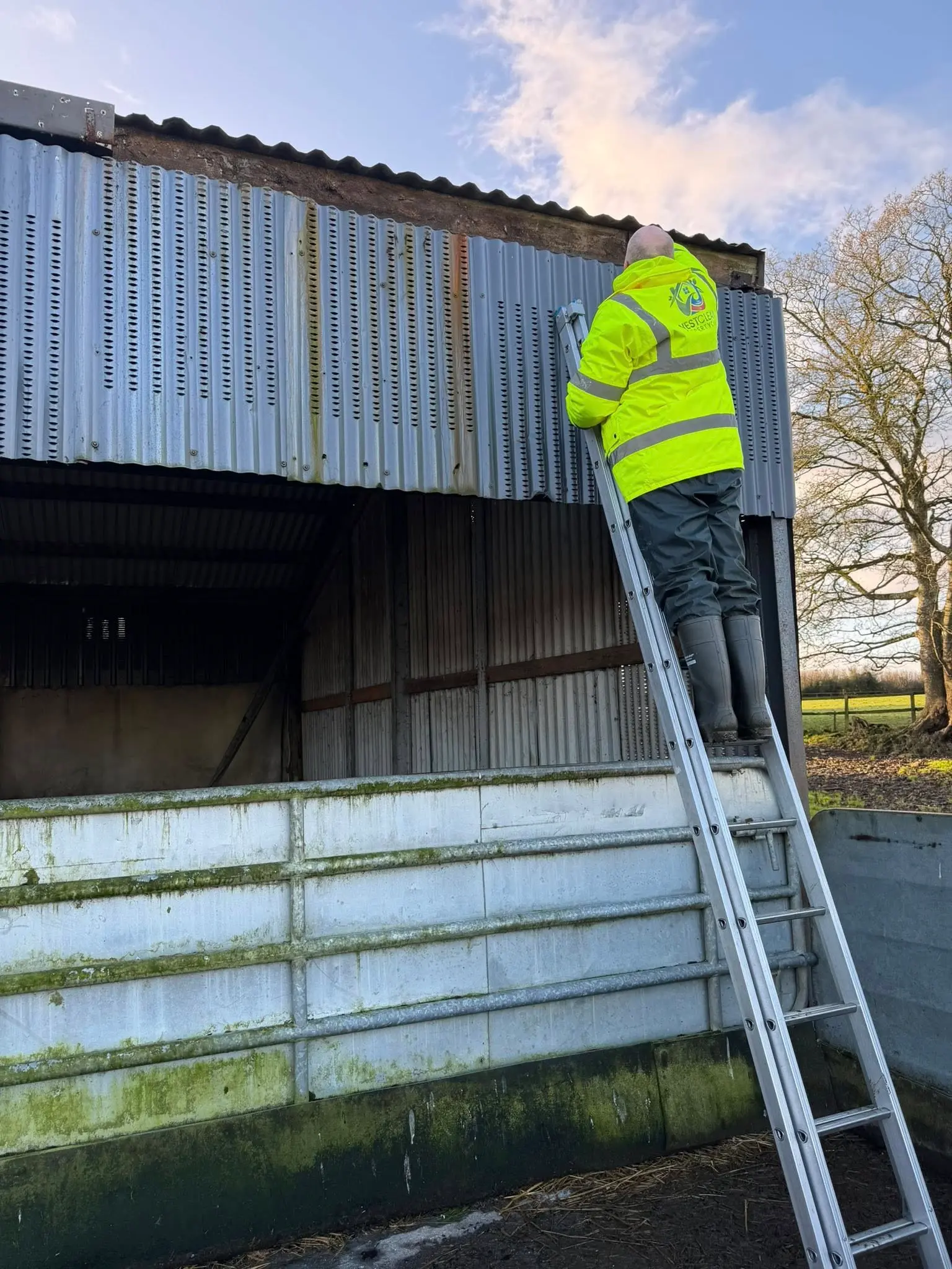West Clean technician climbing a ladder to inspect and clean an agricultural shed roof